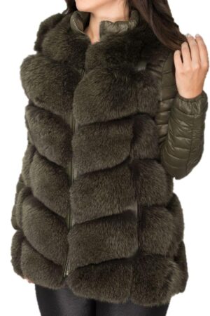 Fox Fur Real Leather Vest Green Pose